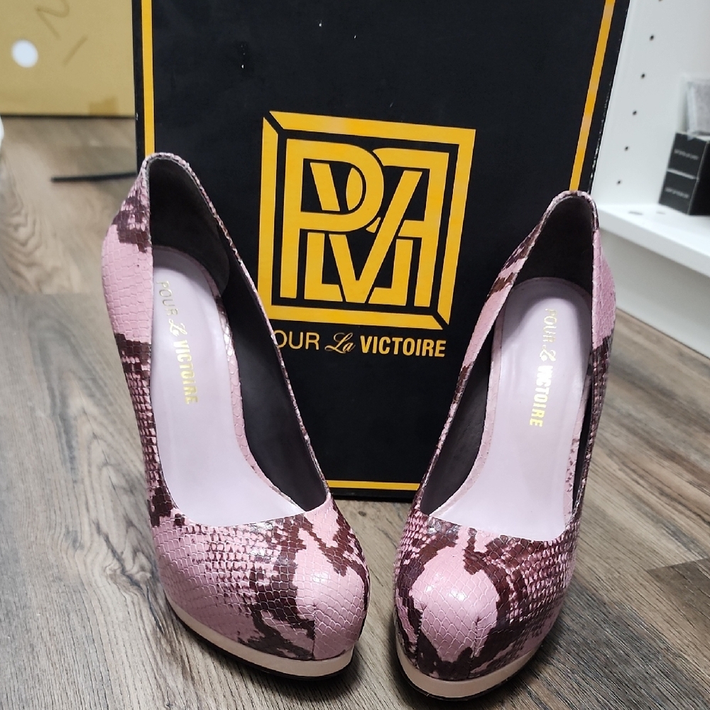 Pour La Victoire Pink and Brown Snakeskin Heels